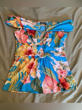VENUS Blue Tropical Floral Off-Shoulder Top